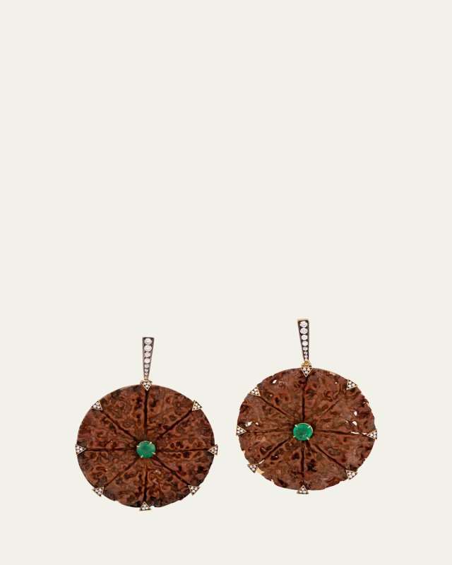 18K Yellow Gold Round Rudraksha Earrings with Emeralds and Diamonds